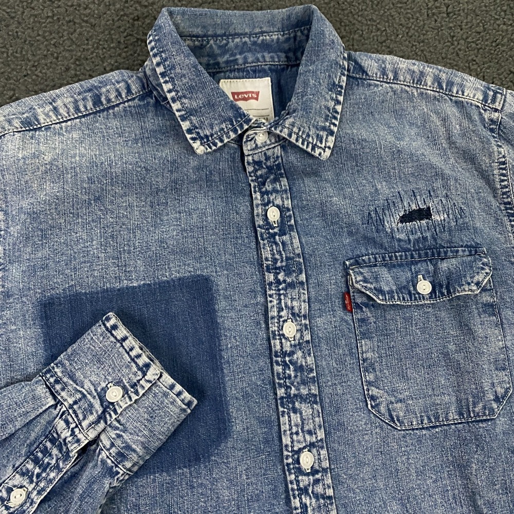 Levis Denim Shirt Mens Small Shasiko Stitch Distressed Blue Indigo Button Up